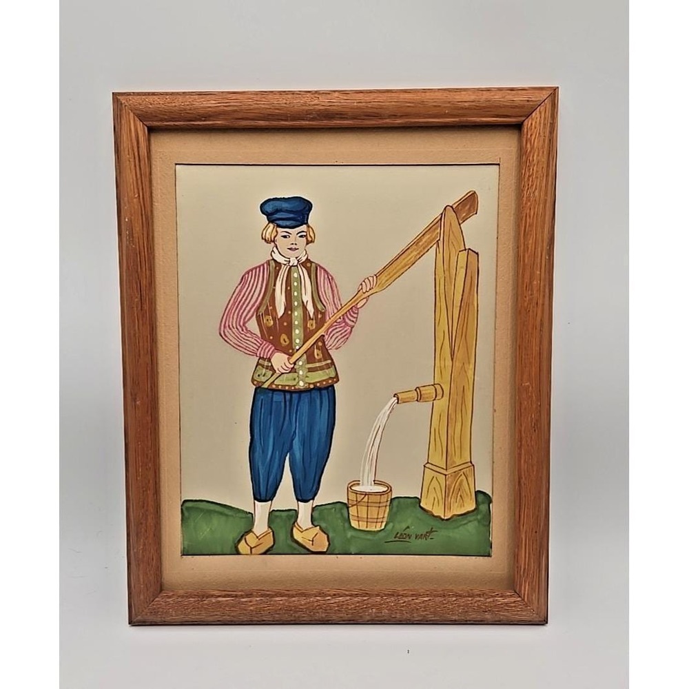 Vtg Signed Leon Vart Folk Art Dutch Boy Farmer Framed‎ 15.5"×12.5" **READ**